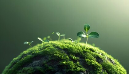 鮮やかな緑の苔に覆われた小さな地球に芽吹く新芽のクローズアップ 自然と成長のコンセプト