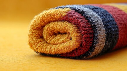 Rolled towel with colorful stripes on yellow surface