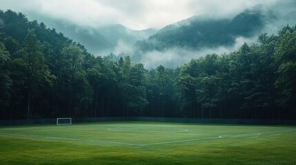 serene soccer field in misty mountain forest