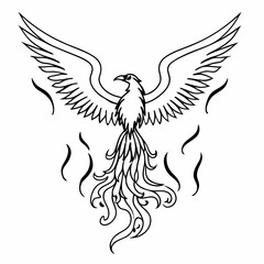 Fototapeta premium Phoenix ascending with outstretched wings and flames - line art vector illustration in white background