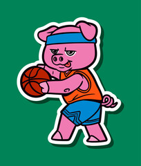 Cartoon Character of a Cute Pig Playing Basketball