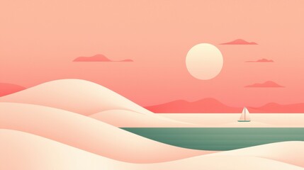 A serene sunset over a calm sea, with a sailboat gently gliding towards the horizon.