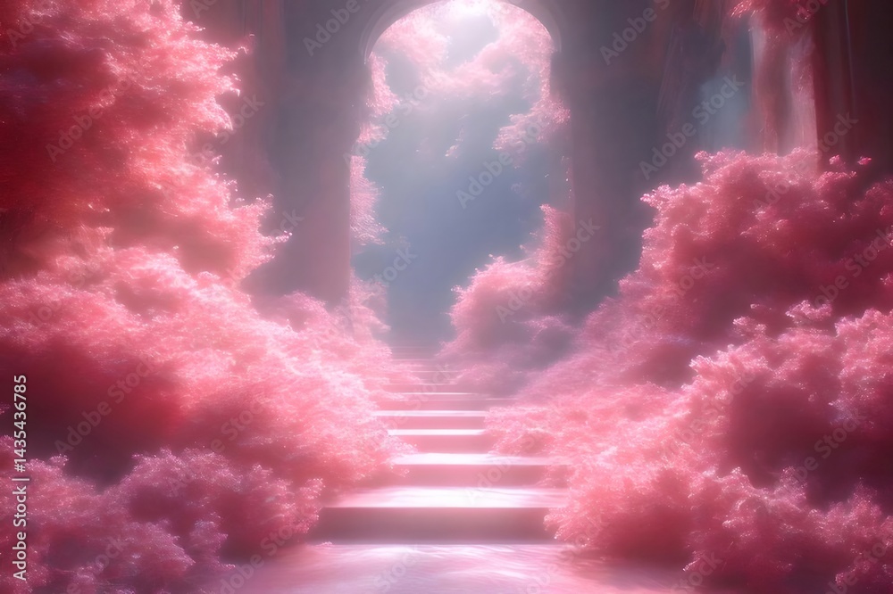Aufkleber ピンク色の花のトンネル階段の神秘的な風景 光と影が織りなす夢のような幻想的なシーン