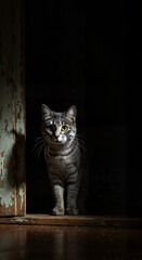 Cat exploring shadows in an old room  