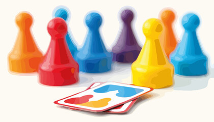 Colorful meeple game pieces and strategy card on plain background, fun gaming concept