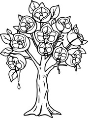 Stylized Citrus Tree with Dripping Fruit Juice Black Outline on Illustration
