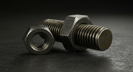 Industrial close-up of a steel hex bolt and a separate hex nut resting on a dark, textured surface.