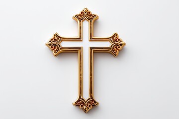 Elegant Gold Cross on White - A golden cross with white inlay, detailed ornate design, isolated on a white background. Simple, elegant, and peaceful