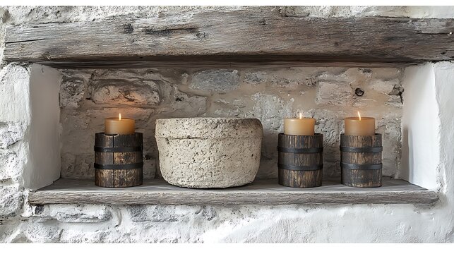 Rustic stone bowl flanked by candles in wooden holders, nestled in a stone alcove