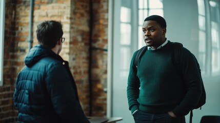 Two men having a conversation in a brick building, one wearing a dark sweater and backpack.