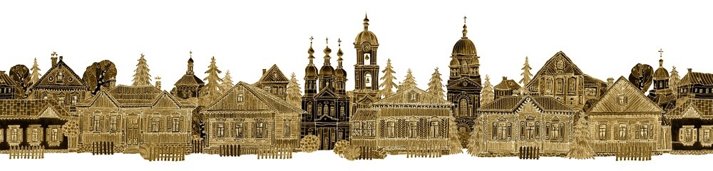 Obraz premium Seamless border pattern of fairy tale wooden houses street, churches, trees. Hand drawn golden sketch on a white background