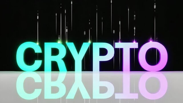 Glowing Neon CRYPTO Text with Blue Purple Gradient - Digital Cryptocurrency Concept Art - Futuristic Blockchain Typography on Dark Background with Data Lines 4k video