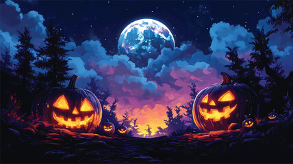 Fototapeta premium Glowing Pumpkins under Starry Sky