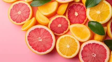 Fototapeta premium Vibrant citrus variety featu pink grapefruit yellow lemon and orange slices with green leaves arranged on a pastel pink background