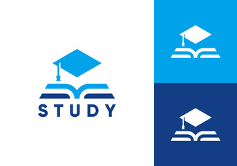 graduation cap and book logo. study education vector design concept
