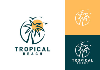 palm beach and sun logo design vector	
