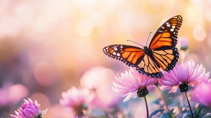 Obraz premium A vibrant butterfly perched on pink flowers, capturing the beauty of nature.