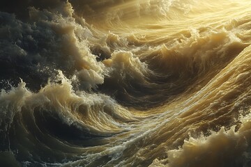 A dynamic depiction of waves colliding mid-ocean, their foam forming chaotic swirling patterns.