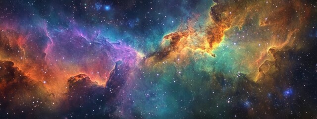 Fototapeta premium A vibrant depiction of a cosmic nebula showcasing colorful gases and stars in space.