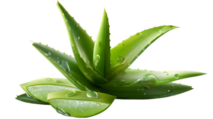 Green aloe vera leaf cut open showing gel isolated on transparent background, hd realistic 8k,
