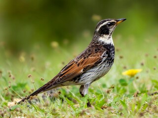 草原に降りて周りを見渡しているツグミの繊細で美しい羽毛の様子