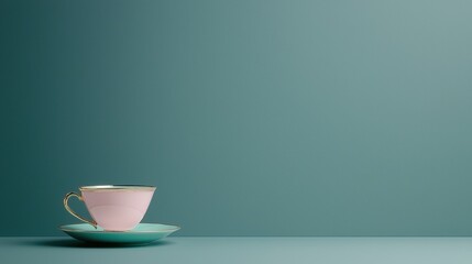 A pink teacup with gold trim sits on a matching saucer against a teal background.