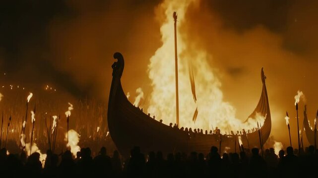 Vikings holding torches watching burning drakkar at night during ceremony