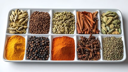 Assorted spice collection in small rectangular containers with various herbs and spices including turmeric paprika cumin star anise and coriander seeds