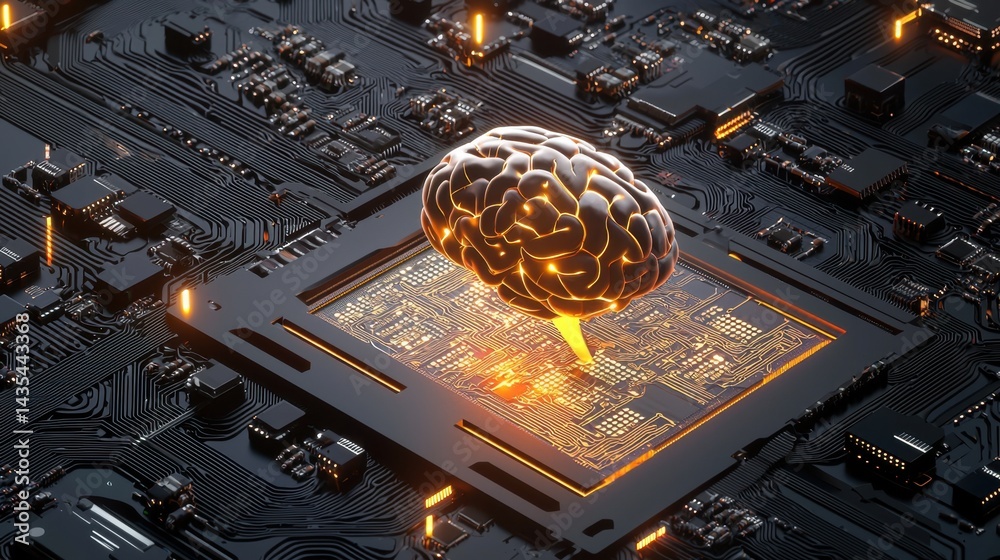 Poster stylized ai embedded into a complex circuit board with glowing data points