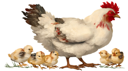 Hen with her chicks depicted in a motherly barnyard art style on a transparent background