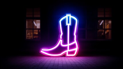 Neon Cowboy Boot Sign - A vibrant neon sign of a cowboy boot glows brightly against a dark background, symbolizing the wild west, country music, nightlife, fashion, and adventure