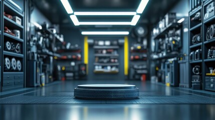 Empty podium in focus with a high-tech garage backdrop, shelves full of automotive equipment and machinery