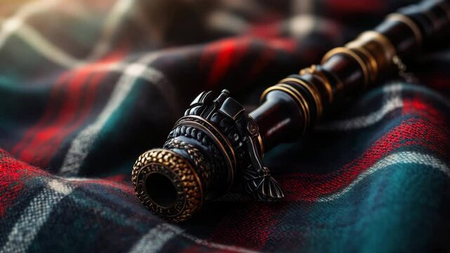 Closeup of a steampunk chalumeau on a plaid fabric