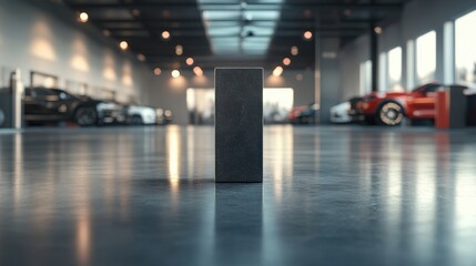 Empty podium in focus with a modern garage background, polished concrete floors and sleek vehicles in the background 