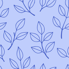 Simple leaves pattern blue outline on light blue background. Mediterranean blue floral seamless pattern for wrapping, textile, cover, scrapbooking