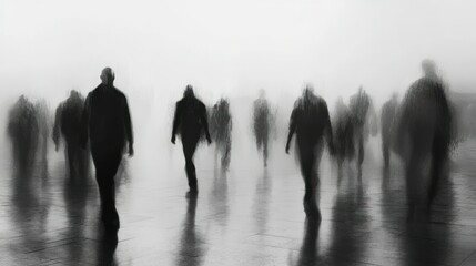 Blurred Silhouettes of People Walking on a Reflective Surface