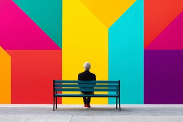 Person Contemplating Colorful Wall - A person sits on a bench facing a vibrant, geometric wall. The scene is peaceful and evokes a sense of reflection
