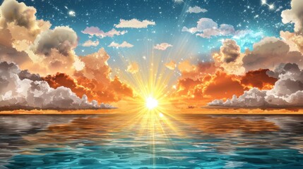 Obraz premium Sunset over teal ocean with sparkling golden clouds casting magical light