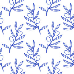 Simple leaves pattern blue outline on white background. Mediterranean blue floral seamless pattern for wrapping, textile, cover, scrapbooking