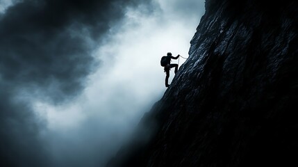 Silhouette of climber ascending a rugged mountain face.