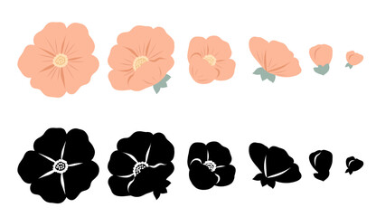 Delicate vector set of pink flowers clip arts. Feminine spring collection of pink and black sakura flowers isolated from background. Tender floral arrangement for stickers