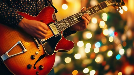 Obraz premium A Person Plays a Red Electric Guitar Near Decorations