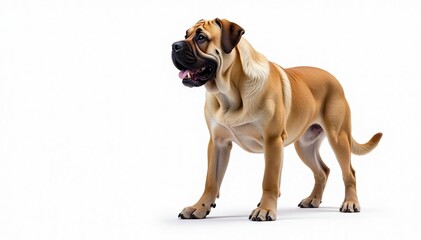 Obraz premium Majestic Mastiff, powerful stance, white background, sitting, isolated, relaxed