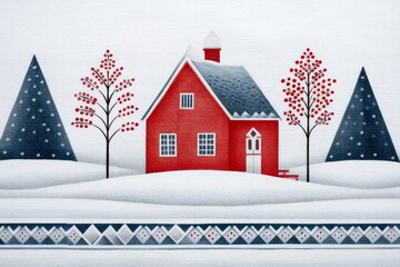 Fototapeta premium Red House in Winter Wonderland - A charming red house sits nestled in a snowy landscape, adorned with two decorative trees. A festive winter scene