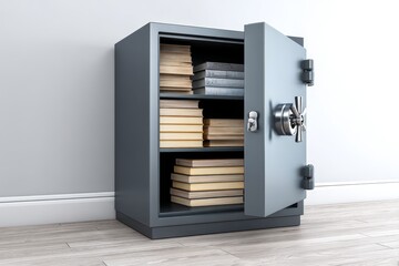 Secure Book Storage in a Safe - A gray safe with its door ajar, revealing neatly stacked books inside. Represents secure storage and protection of valuable documents or literature