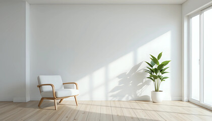 Empty living room with white wall, minimalist armchair and plant, realistic lighting. Decorated home mockup with free space,