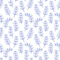 Simple leaves pattern blue outline on white background. Mediterranean blue floral seamless pattern for wrapping, textile, cover, scrapbooking