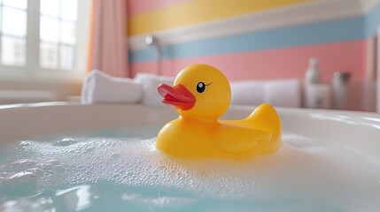 Yellow rubber duck in a bubbly bathtub.