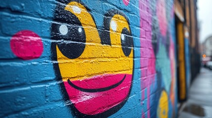 Colorful graffiti smiley face on a brick wall.