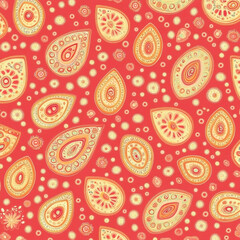 Red background with a colorful paisley pattern, seamless design,